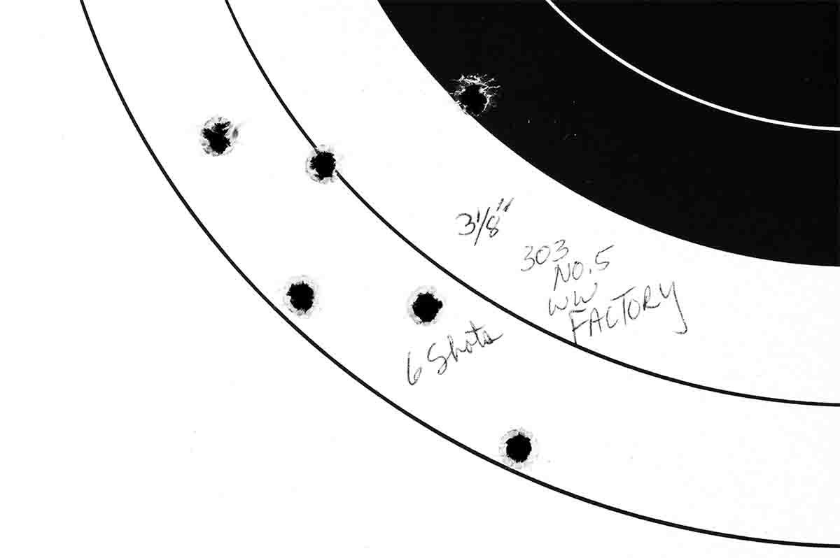 Most carbines mentioned here would group at least as well as their full-length counterparts. This 100-yard, six-shot group was fired with a British No. 5 “Jungle Carbine.”